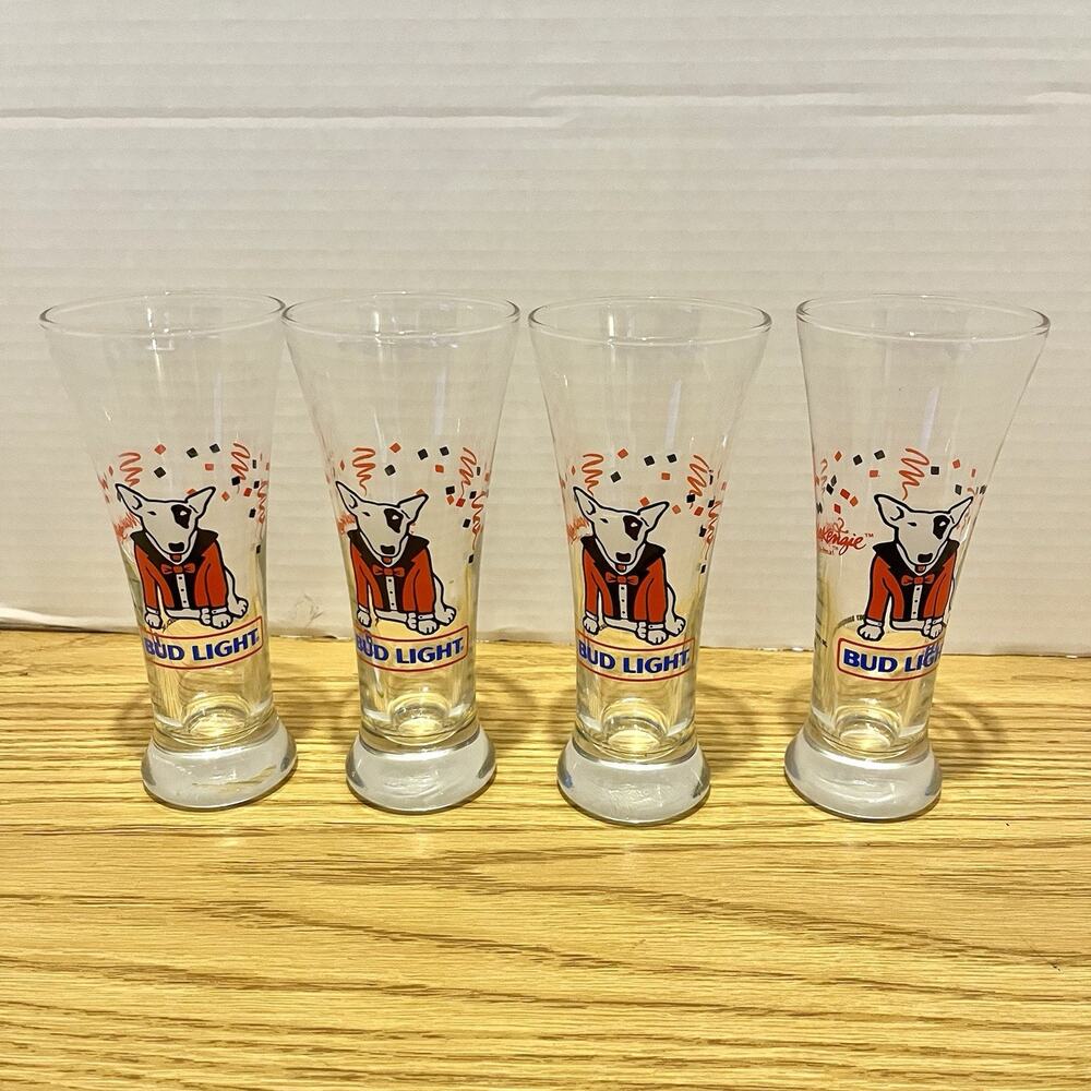 New Years RARE 4 Bud Light Spuds Mackenzie Party Dog Pilsner Beer Glass 1987